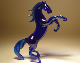 Handmade  Blown Glass Figurine Animal Rearing Blue HORSE