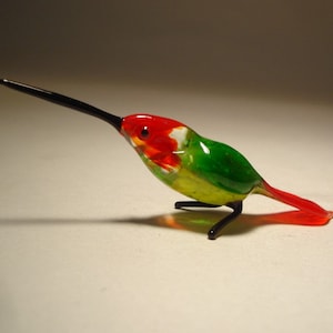 Handmade Blown Glass Small Figurine Red, Yellow and Green Bird Hummingbird