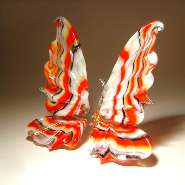 Handmade Blown Glass Butterfly Figurine - Red and White Art Gift or Decorative Accent