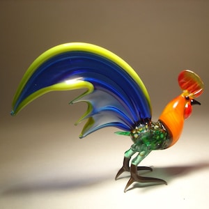 Handmade Chicken Blown Glass Figurine Art Bird Blue and Yellow ROOSTER Figurine with an Orange Neck