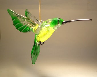 Handmade Blown Glass Figurine Art Bird Green and Yellow Hanging HUMMINGBIRD Ornament Great Gift