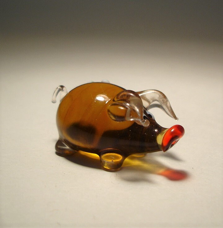 吹きガラスの豚の置物 - 手作りの茶色と白いデイジー、コレクターズ