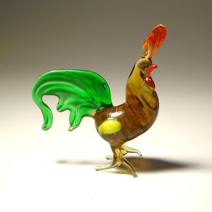 Handmade Blown Glass Small Figurine Green and Brown Chicken Rooster