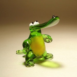 Handmade Blown Glass Art Small Animal Green and Yellow Comical Alligator Crocodile Figurine