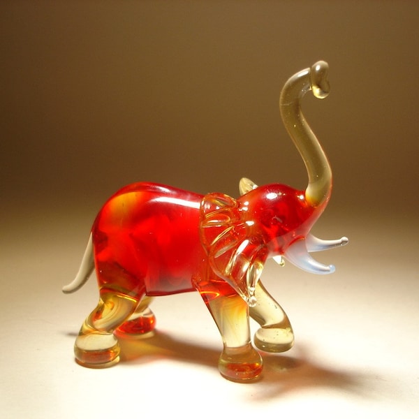 Handmade Blown Glass Art Figurine Animal Red and Clear ELEPHANT with a Raised Trunk