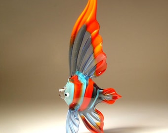 Blown Glass Angelfish Figurine - Handmade Blue & Red Fish Marine Art
