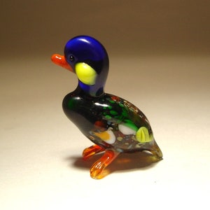 Handmade Blown Glass Small Figurine Blue and Yellow Mallard DUCK Bird