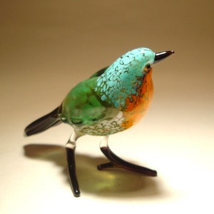 Handmade Blown Glass Figurine Art Blue, Orange and Green Bird