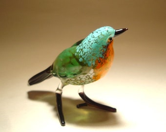 Handmade Blown Glass Figurine Art Blue, Orange and Green Bird