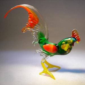 Glass ROOSTER Chicken Handmade Blown Glass Figurine Art Green Farm Bird Figurine with a Red Tail Great Gift Lovely home decor