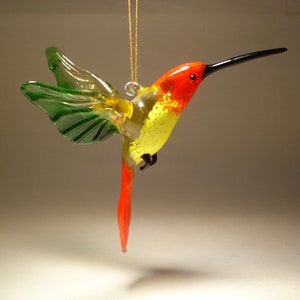 Handmade Blown Glass Figurine Art Bird Red, Green and Yellow Hanging HUMMINGBIRD Ornament Great Gift