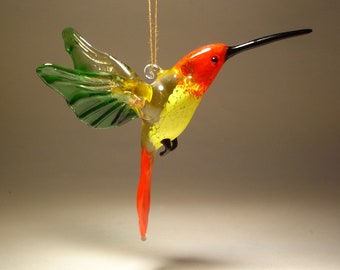 Handmade Blown Glass Figurine Art Bird Red, Green and Yellow Hanging HUMMINGBIRD Ornament Great Mother's Day Gift