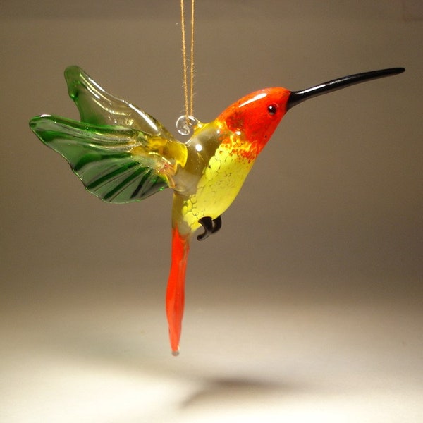 Handmade Blown Glass Figurine Art Bird Red, Green and Yellow Hanging HUMMINGBIRD Ornament Great Mother's Day Gift