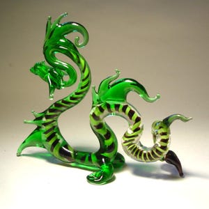 Handmade Blown Glass Dragon Figurine: Green & Black Fantasy Art