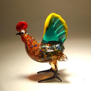 Handmade Chicken Blown Glass Figurine Art Bird Green and Yellow ROOSTER Chicken Hen Figurine