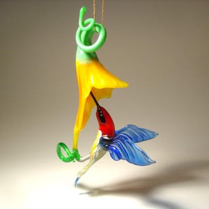Blown Glass Figurine Bird Blue and Red Hanging HUMMINGBIRD with Yellow Flower Ornament - Wonderful and Meaningful gift for any Occasion