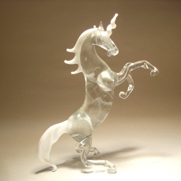 Handmade  Blown Glass Figurine Animal Clear and White Rearing Horse