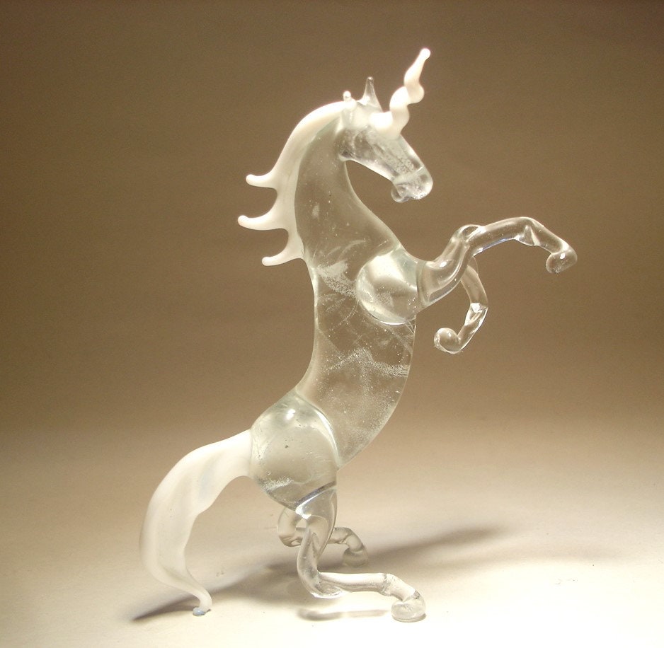 Handmade  Blown Glass Figurine Animal Clear and White Rearing Horse