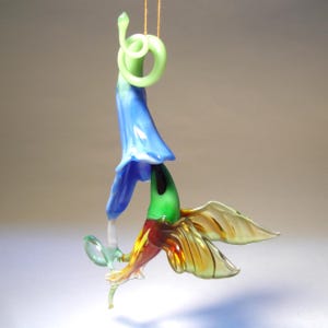 Blown Glass Figurine Bird Hanging Green and Red HUMMINGBIRD and Blue Flower Ornament Amazing gift for a special one