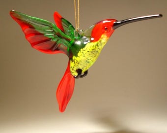 赤いガラスの鳥の置物 - 手作りの吹きガラスアート、コレクターギフト