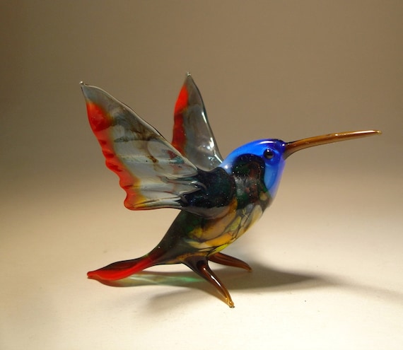 Red and Green Hummingbird Figurine Beautiful Blown Glass Blue