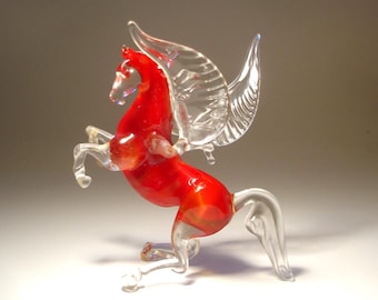 Glass Rearing Red Pegasus Figurine - Handmade Winged HORSE