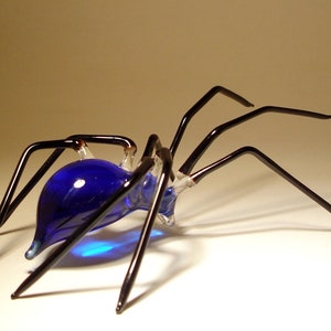 Blown Glass Figurine Art Insect Blue and Black SPIDER Halloween Gift and Decor