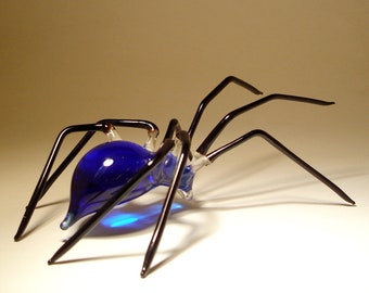 Blown Glass Figurine Art Insect Blue and Black SPIDER Halloween Gift and Decor