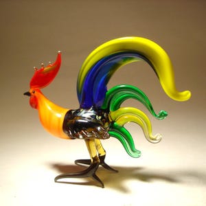Handmade Blown Glass Fighter Rooster Figurine: Blue, Yellow, and Orange Art Bird
