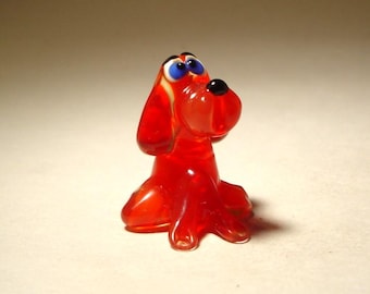 Blown Glass Puppy Figurine - Small Handmade Red Dog with Blue Eyes