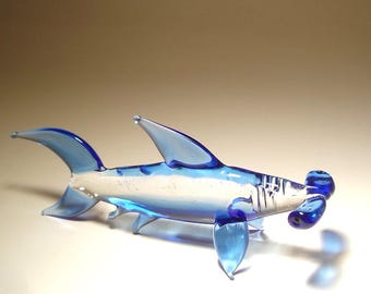 Handmade Blown Glass Art Figurine Blue Hammerhead SHARK
