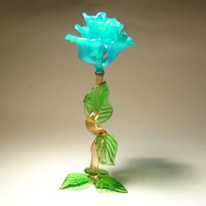 Handmade Blown Glass Art Figurine Blue Standing Flower ROSE Figurine Unique and Elegant Gift for Someone Special