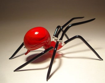 Blown Glass Spider Figurine - Handmade Red and Black Insect, Halloween Decor