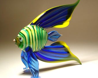 Glass FISH Figurine - Handmade Blown Glass Art Blue and Yellow ANGELFISH with Green Stripes