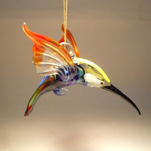 Handmade Blown Glass Figurine Art Red, Clear and Blue Bird Hanging Hummingbird Ornament with a Blue Head