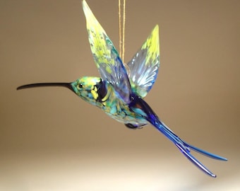 Blown Glass Hummingbird Ornament - Handmade Art Blue & Yellow Swallowtail Bird - Holiday Tree Decor
