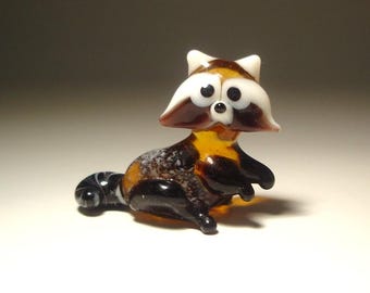 Handmade Blown Glass Art Figurine Small Animal Black and White RACCOON