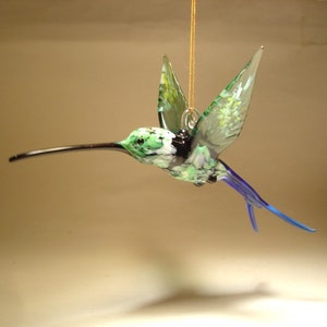 Blown Glass Figurine Bird Hanging Swallow Tail Green and Blue HUMMINGBIRD Ornament - Great Gift