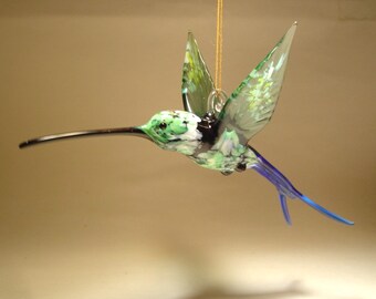 Blown Glass Figurine Bird Hanging Swallow Tail Green and Blue HUMMINGBIRD Ornament - Great Gift