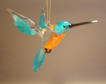 Handmade Blown Glass Figurine Art Bird Blue Hanging HUMMINGBIRD Ornament