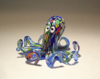 Handmade Blown Glass Art Figurine Sea Animal Blue OCTOPUS with Colorful Spots