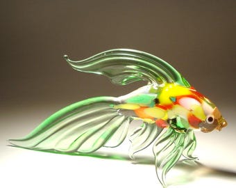 Handmade Blown Glass Figurine Light Green Fish with Colorful Body - Gift for Aquarium Lovers