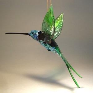 Blown Glass Figurine Bird Hanging Swallow Tail Green and Blue HUMMINGBIRD Ornament - Great Gift