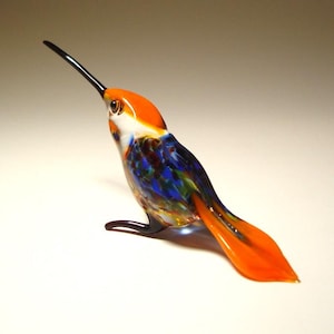 Handmade Blown Glass Small Figurine Orange and Blue Bird Hummingbird