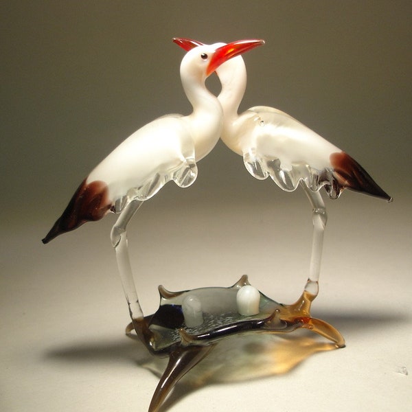 Blown Glass Figurine Art Two White & Black EGRET Stork Birds on a Nest