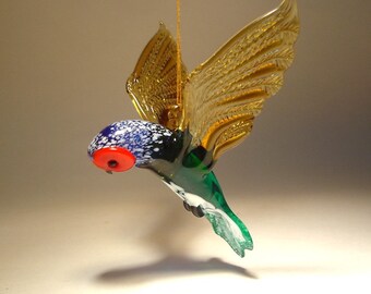 Handmade Blown Glass Figurine Art Bird Hanging Blue, Green and Brown Ornament with Red Face