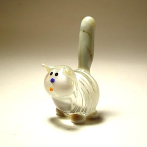 Handmade Blown Glass Art Figurine Animal Small Clear and White Striped Kitten CAT with a Gray Tail