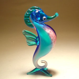 Handmade Blown Glass Art Figurine Aqua, Blue and Pink Fish SEAHORSE