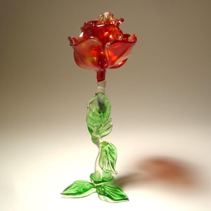 Hand Blown Glass Rose Figurine: Dark Red Flower Art