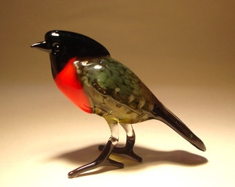 Handmade Blown Glass Art Figurine Black and Red ROBIN Bird - Wonderful Gift, Collectable